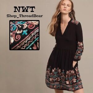 Boho! Floreat {Anthro} Embroidered NWT Black V-Neck + Teal Blue Dress | Small